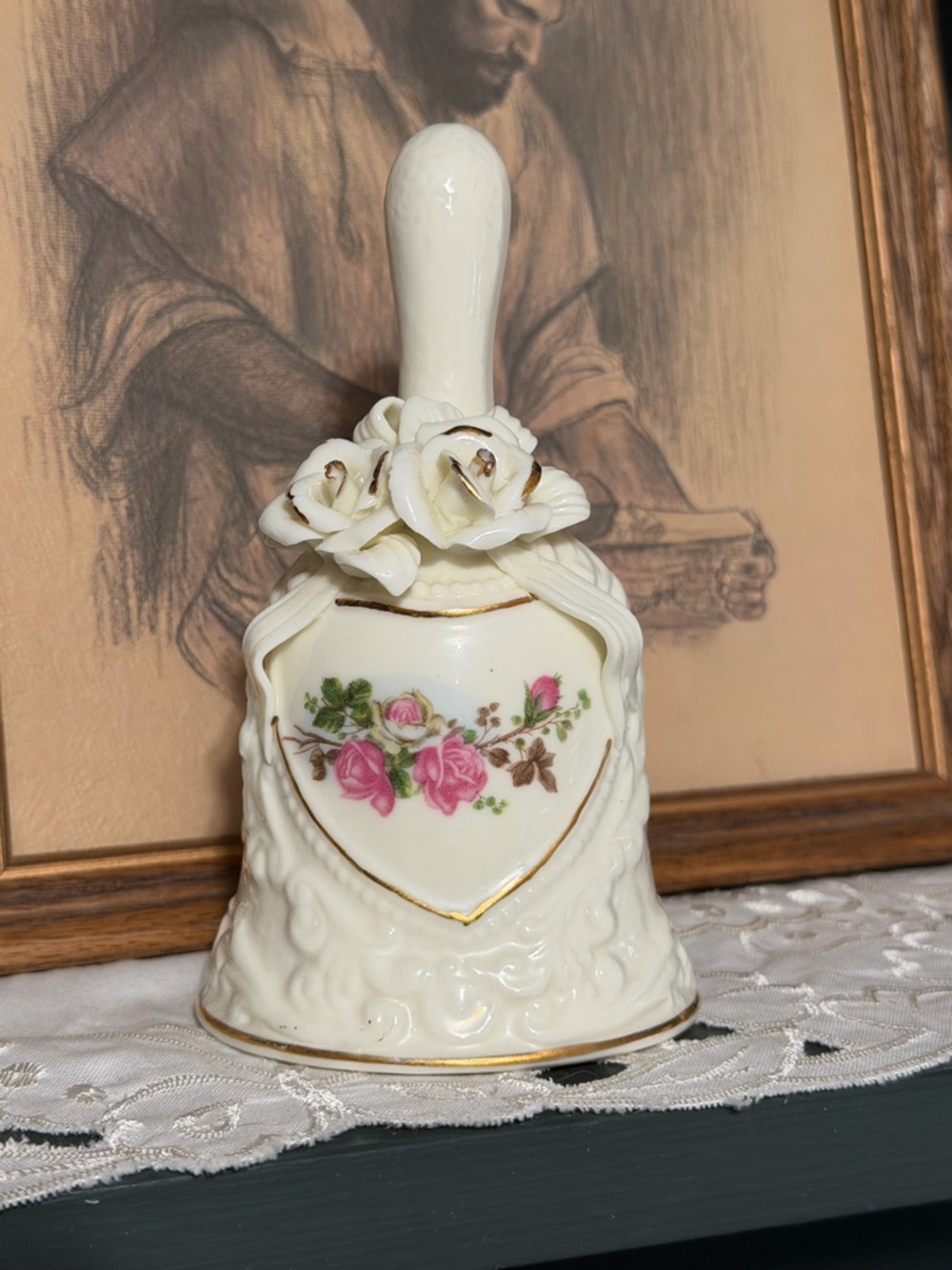 Ivory Porcelain Floral Bell with Rose Handle